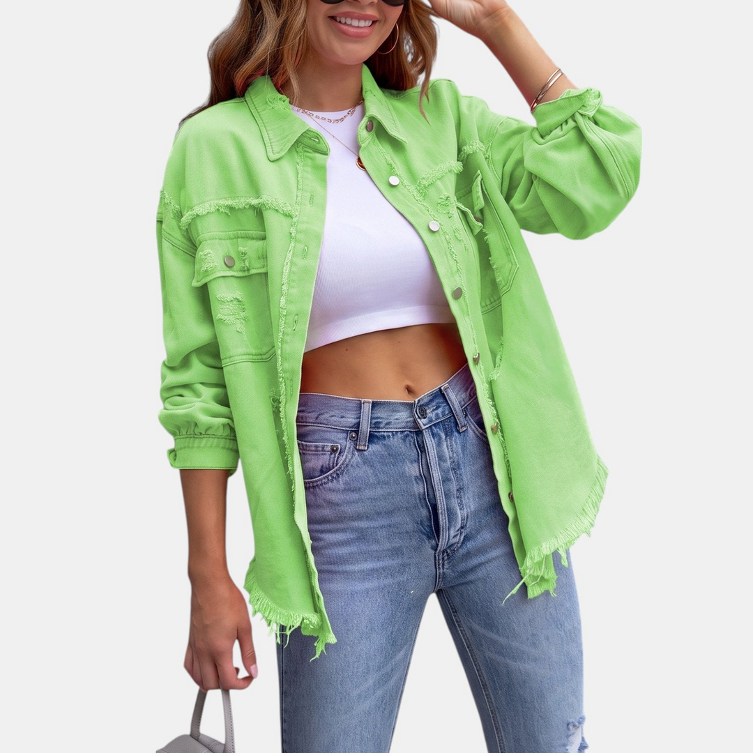Women's Distressed Oversized Denim Jacket, Hip Length