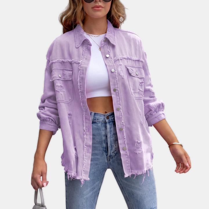 Women's Distressed Oversized Denim Jacket, Hip Length