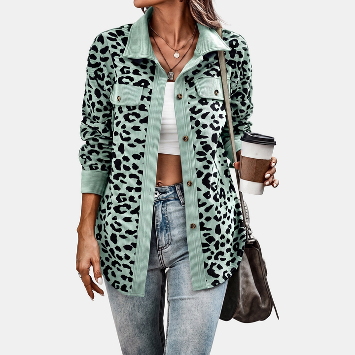 Women's Oversized Corduroy Shacket, Animal Print Long Sleeve