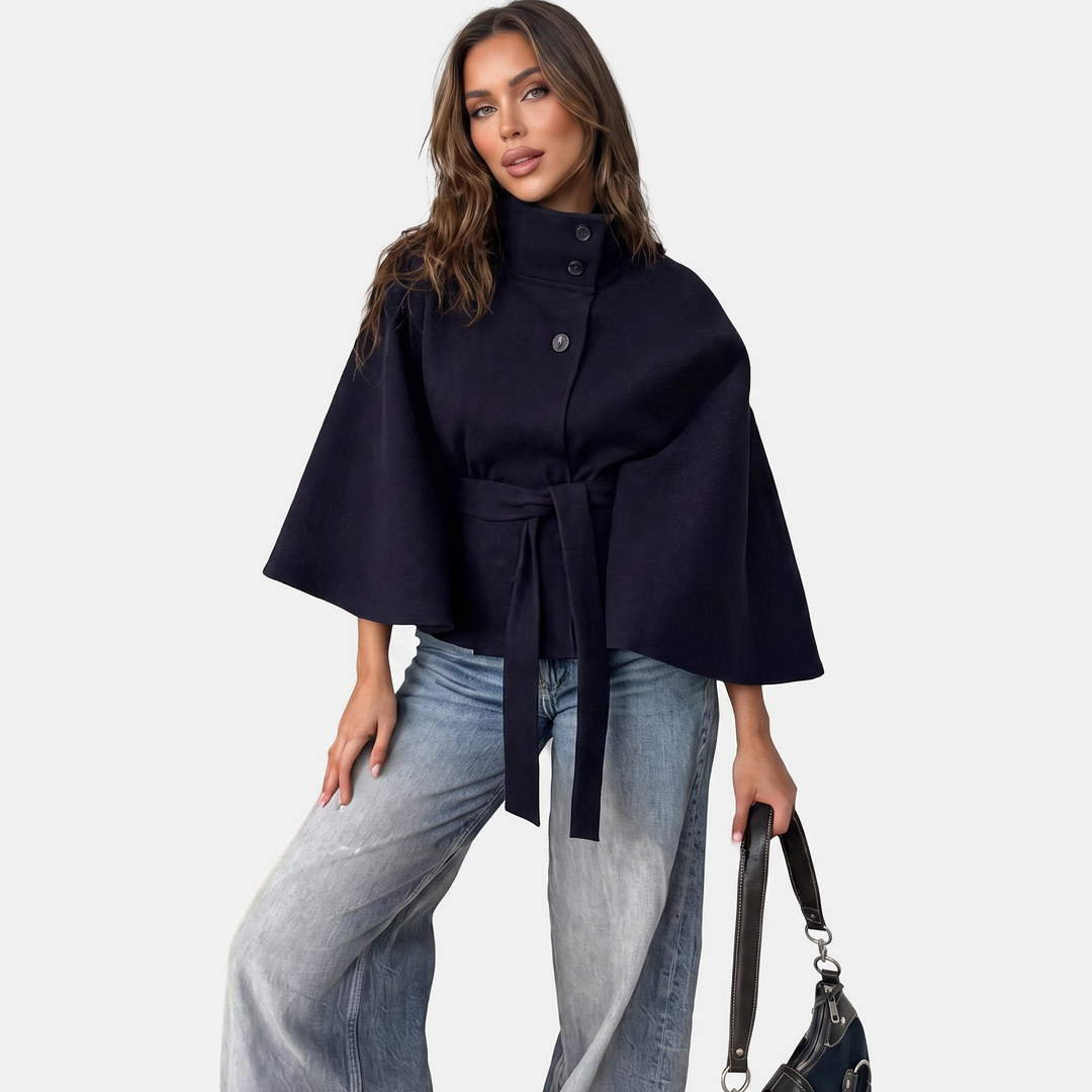 Women's Short Wool Coat, Cape Style High Collar Button Front