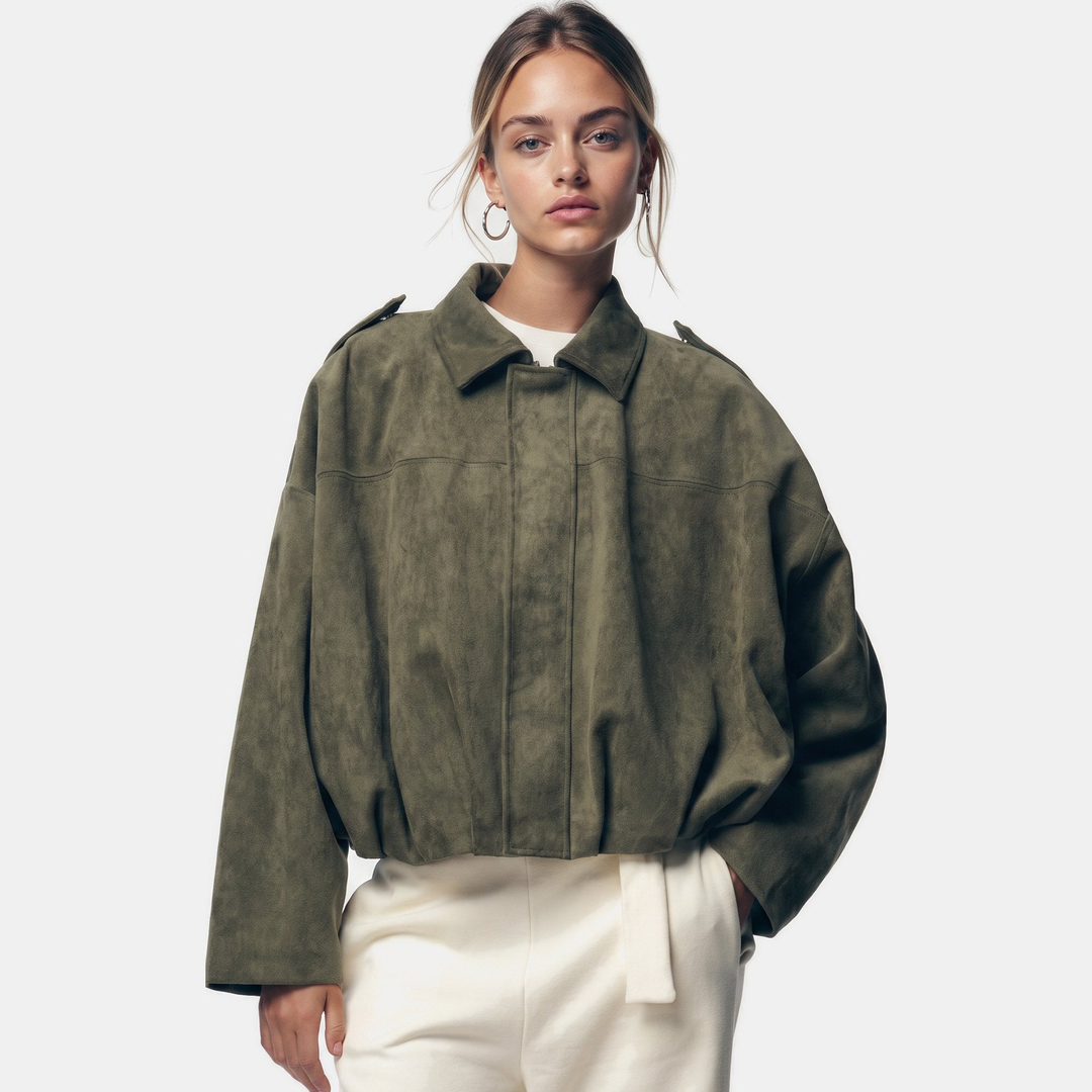 Women's Faux Suede Cropped Jacket, Zip Boxy Fit Long Sleeves