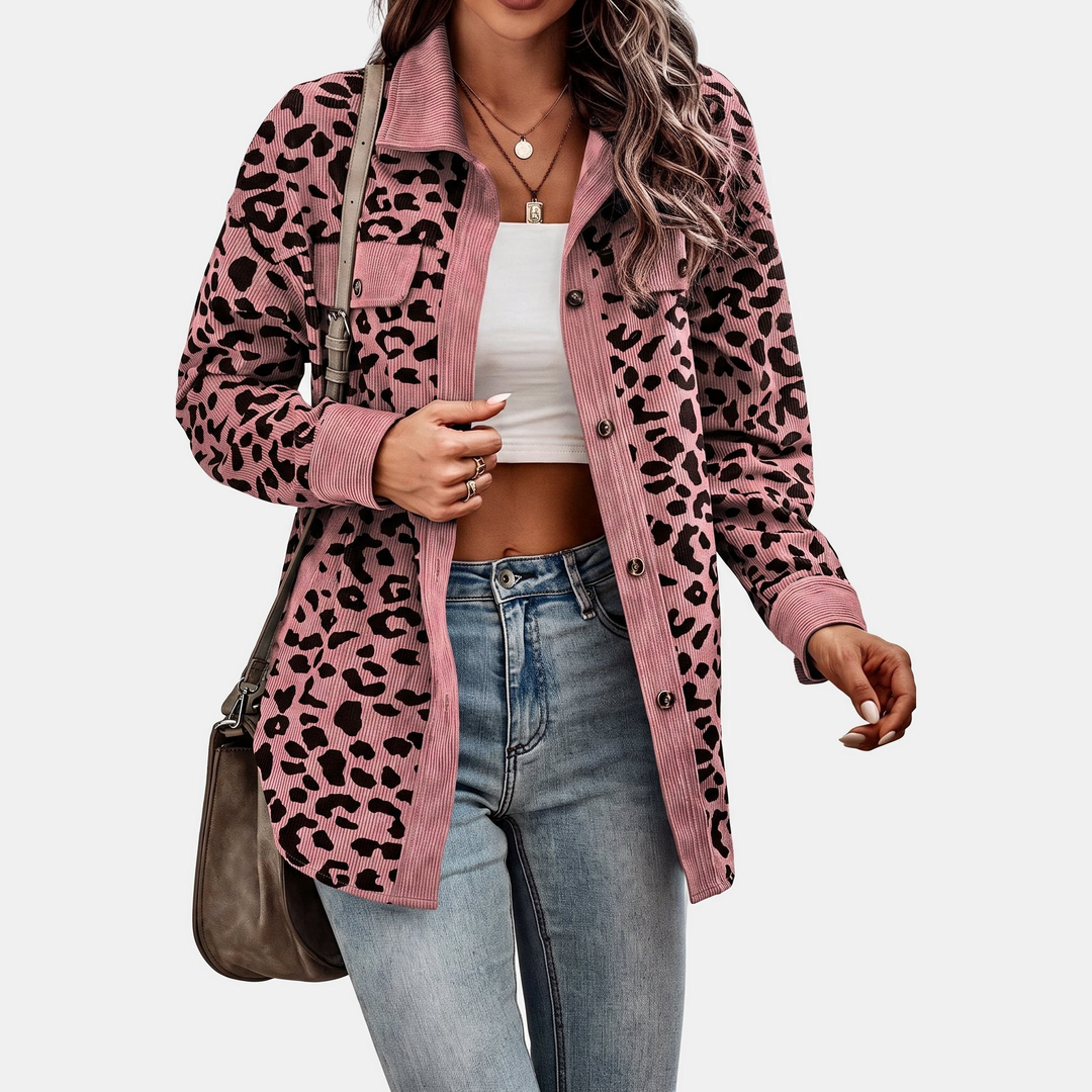 Women's Oversized Corduroy Shacket, Animal Print Long Sleeve