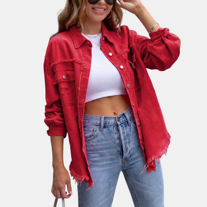 Women's Distressed Oversized Denim Jacket, Hip Length