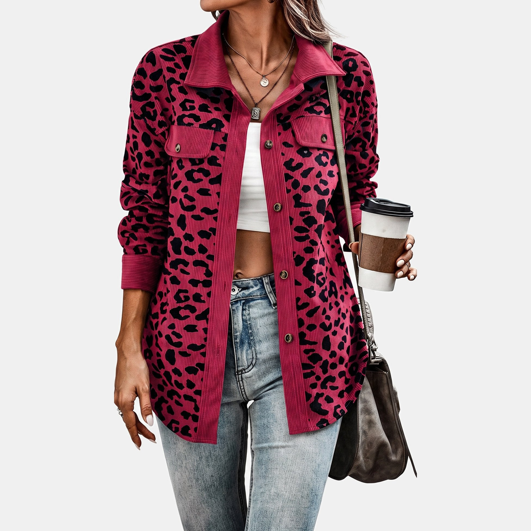 Women's Oversized Corduroy Shacket, Animal Print Long Sleeve
