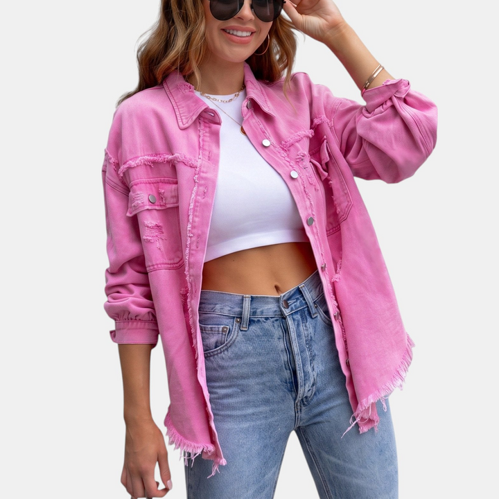 Women's Distressed Oversized Denim Jacket, Hip Length