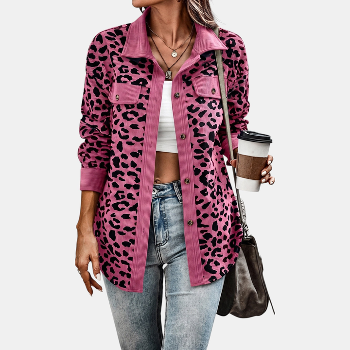 Women's Oversized Corduroy Shacket, Animal Print Long Sleeve