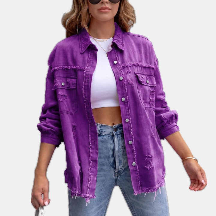Women's Distressed Oversized Denim Jacket, Hip Length