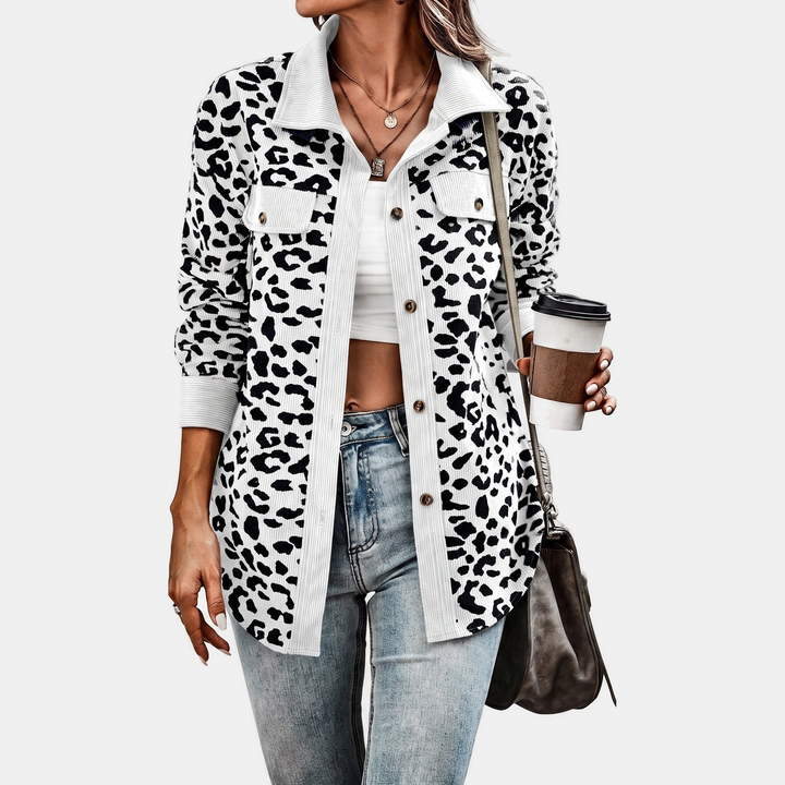 Women's Oversized Corduroy Shacket, Animal Print Long Sleeve