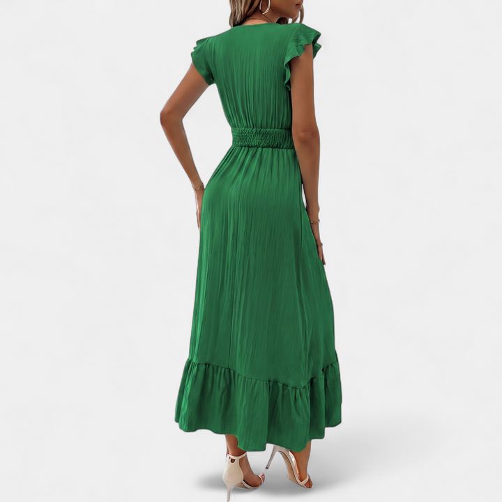 Women's Tiered Wrap Midi Dress, V Neck Ruffle Hem Smocked Waist