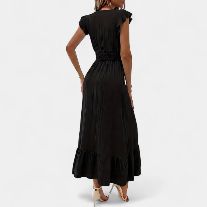 Women's Tiered Wrap Midi Dress, V Neck Ruffle Hem Smocked Waist