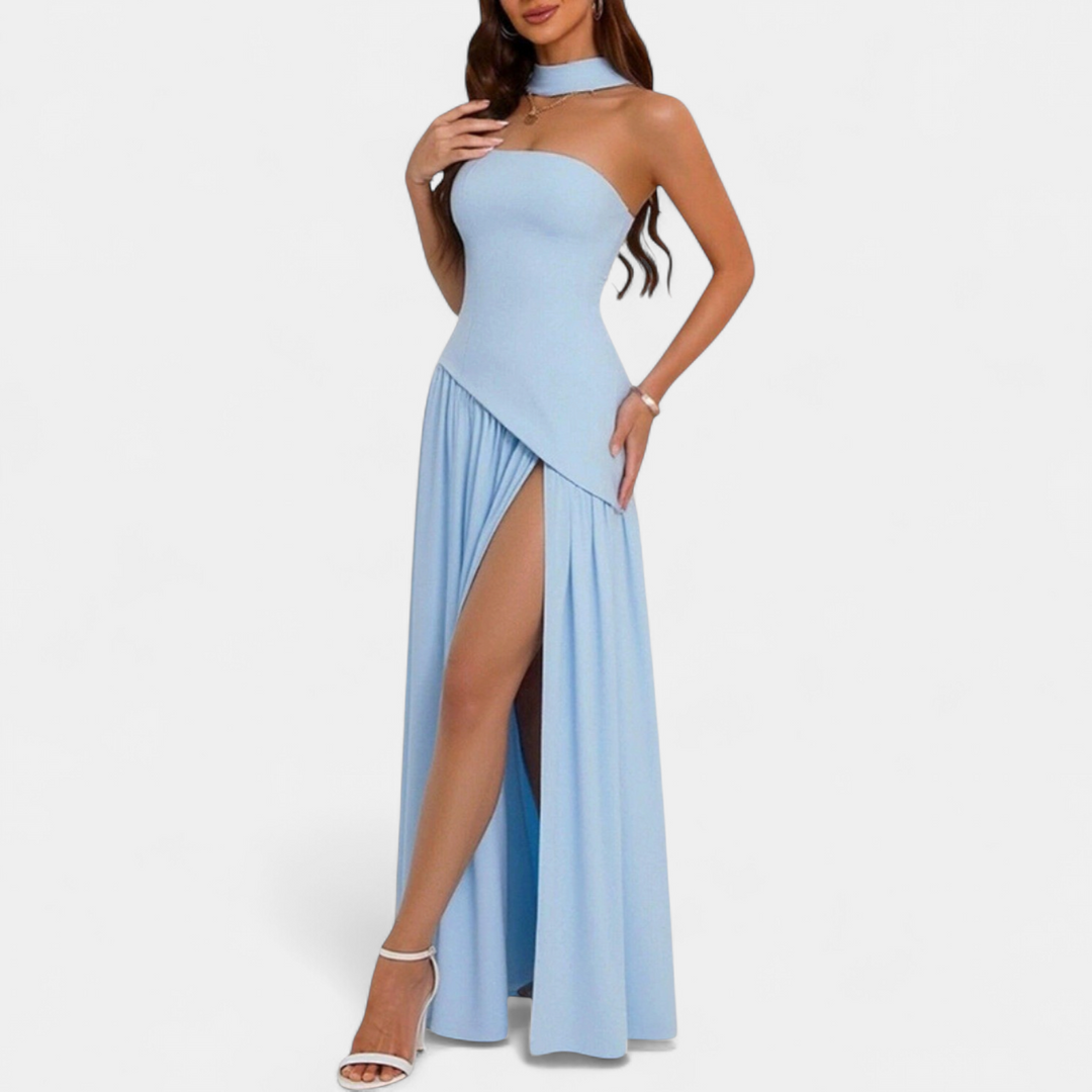 Women's Strapless Corset Maxi Dress, Pleated Back Zip