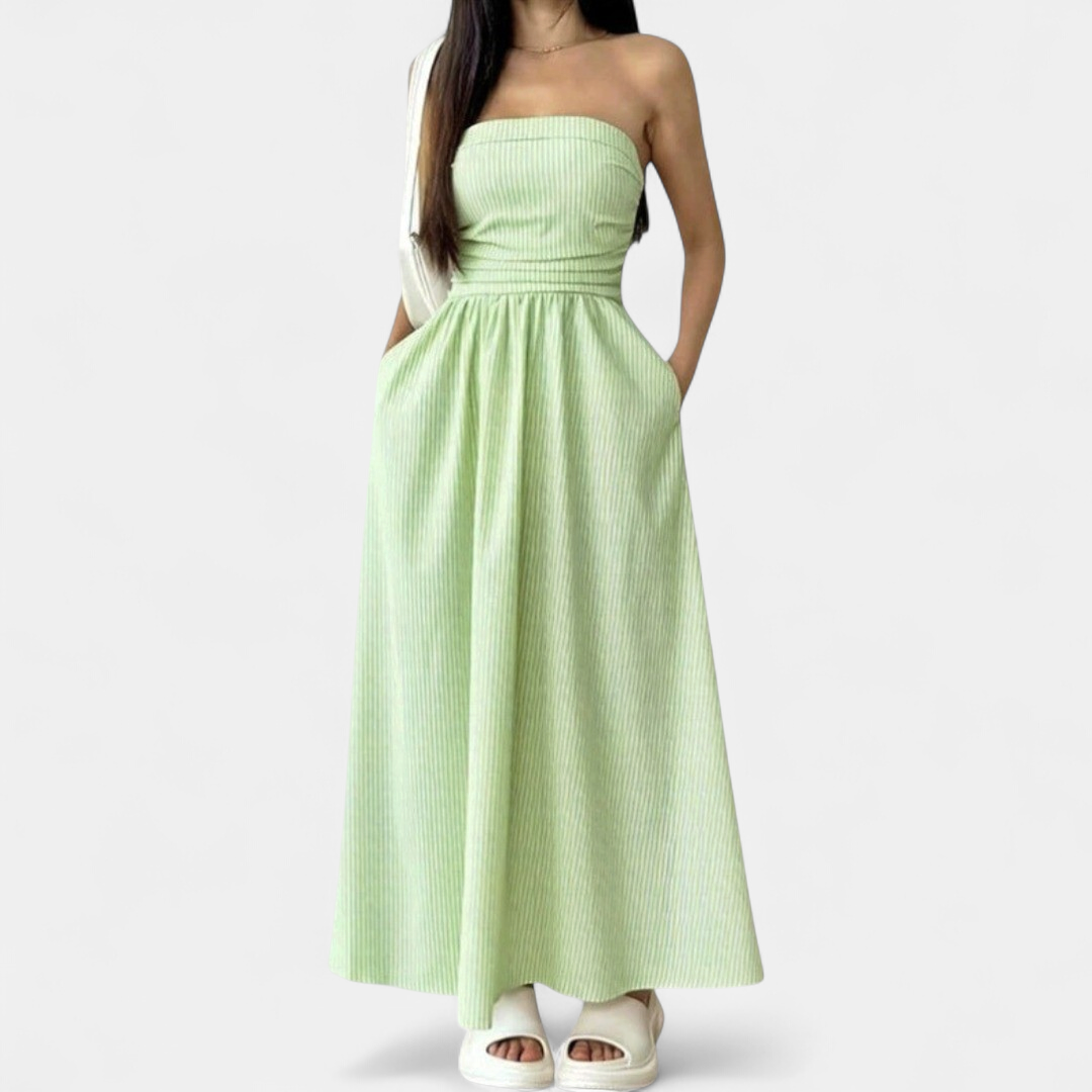 Women's Strapless Ruched Maxi Dress, Pinstripe Side Pocket A Line