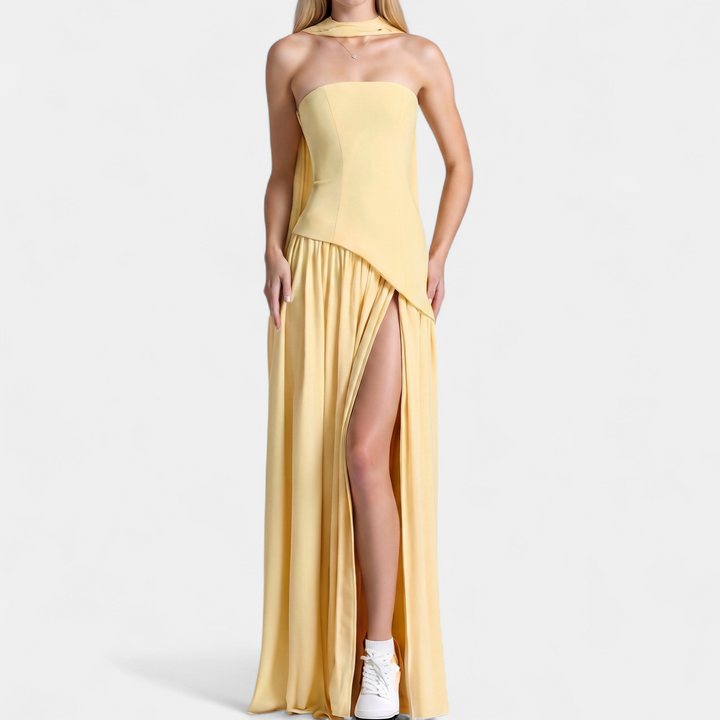 Women's Strapless Corset Maxi Dress, Pleated Back Zip