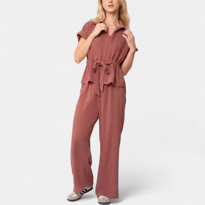 Women's Coord Set, V Neck Relaxed Wide Leg Collared