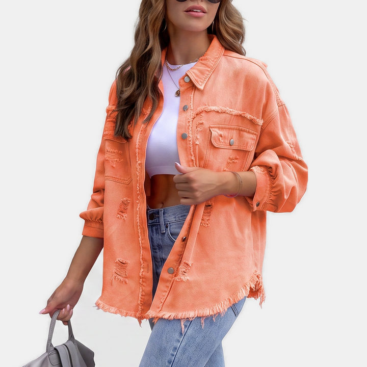 Women's Distressed Oversized Denim Jacket, Hip Length