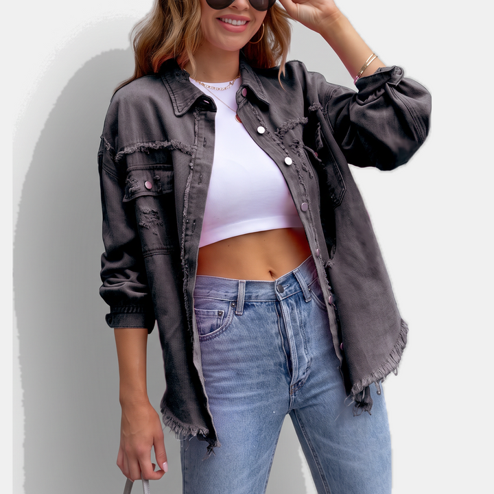 Women's Distressed Oversized Denim Jacket, Hip Length