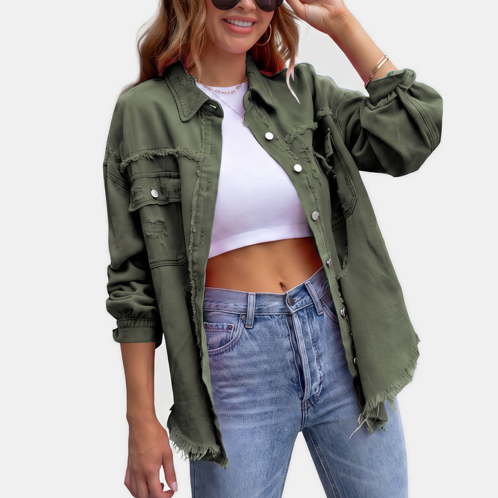 Women's Distressed Oversized Denim Jacket, Hip Length