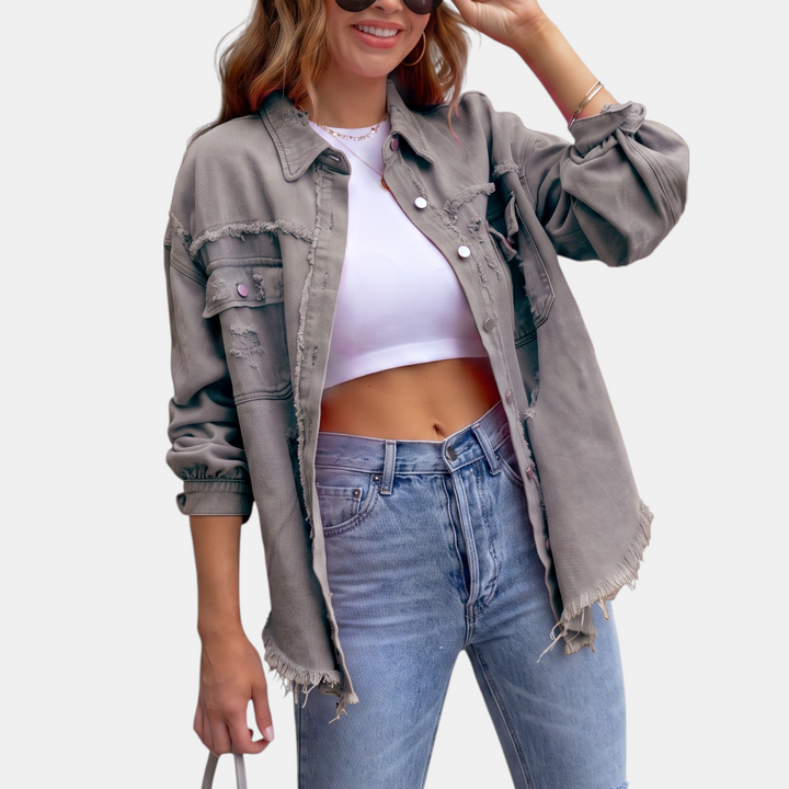 Women's Distressed Oversized Denim Jacket, Hip Length