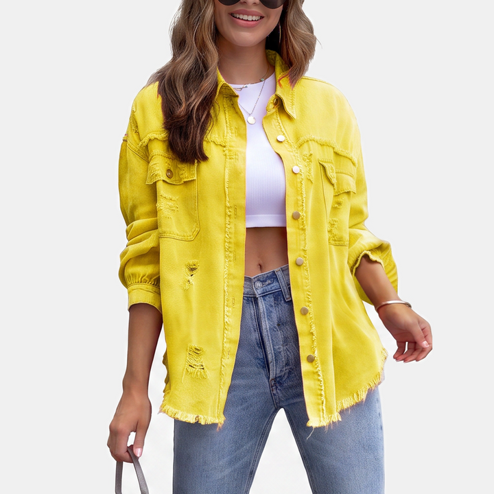 Women's Distressed Oversized Denim Jacket, Hip Length