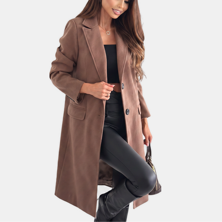 Women's Double Breasted Long Wool Coat, Button Cuffs