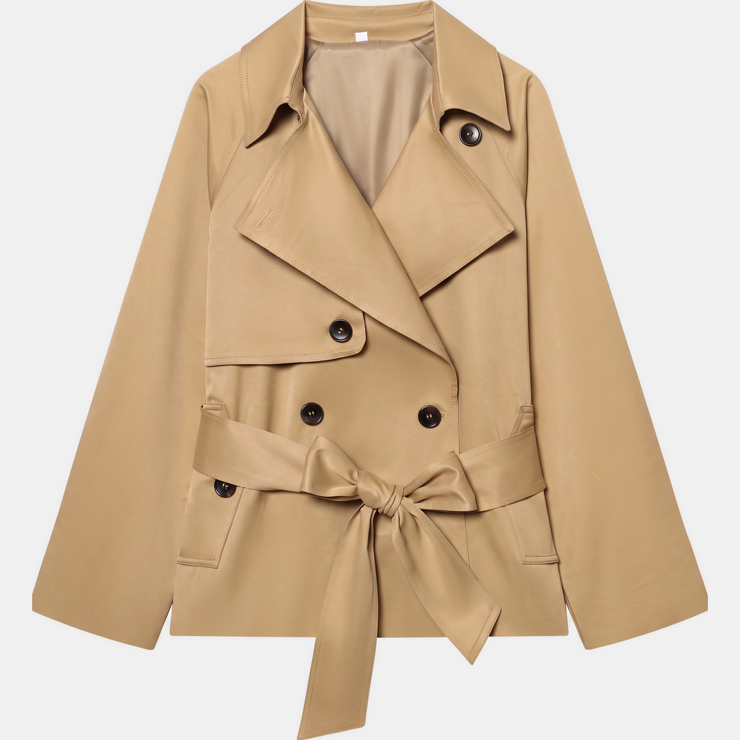 Women's Double Breasted Short Trench Coat, Cotton Twill