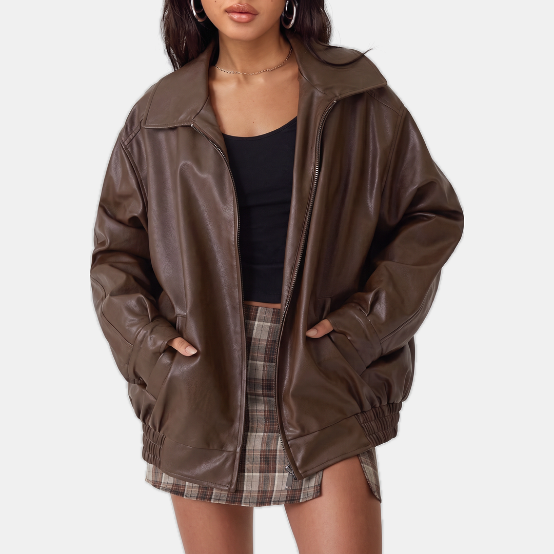 Women's Oversized Faux Leather Jacket, Hip Length Spread Collar
