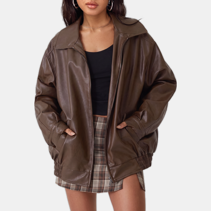 Women's Oversized Faux Leather Jacket, Hip Length Spread Collar