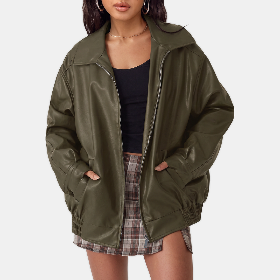 Women's Oversized Faux Leather Jacket, Hip Length Spread Collar