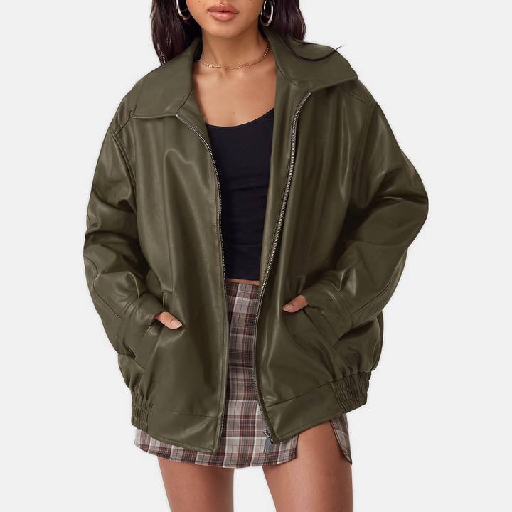 Women's Oversized Faux Leather Jacket, Hip Length Spread Collar