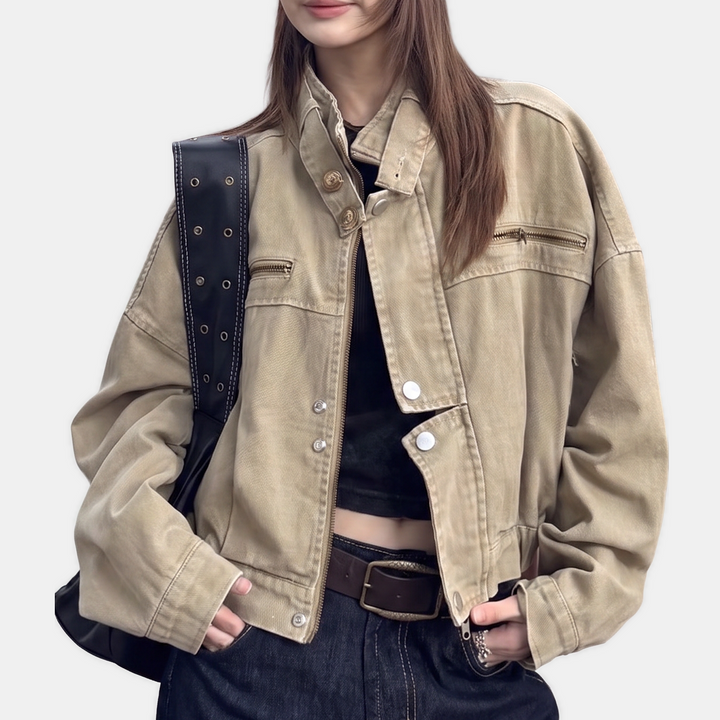 Women's Cropped Denim Jacket, Moto Style Stand Collar Button
