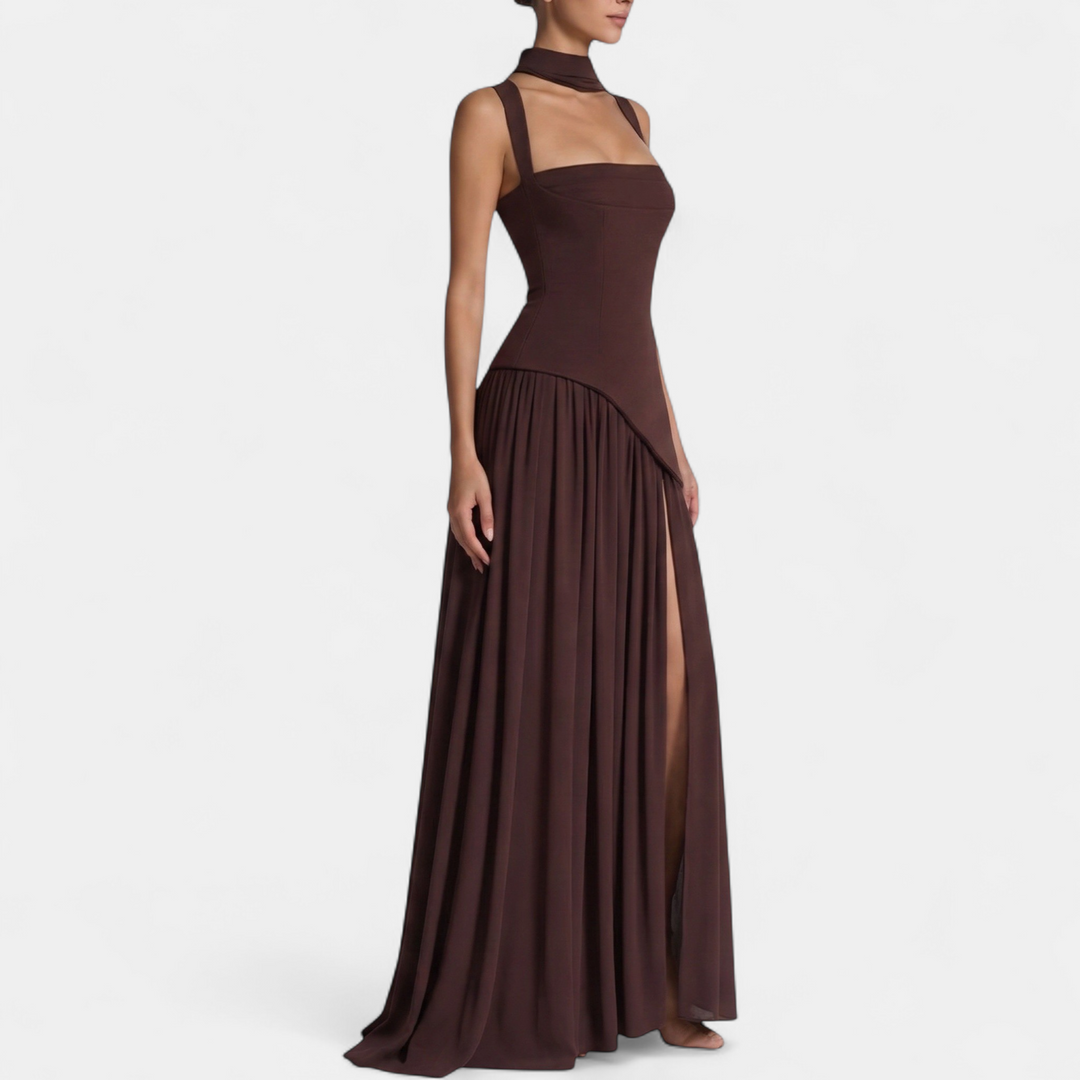 Women's Strapless Corset Maxi Dress, Pleated Back Zip
