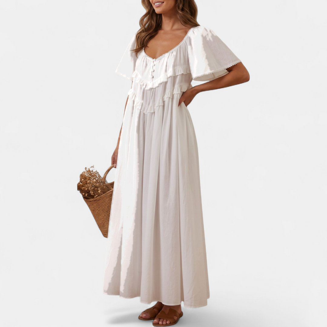 Women's Ruffle Maxi Dress, Relaxed Scoop Neck Tiered Bib