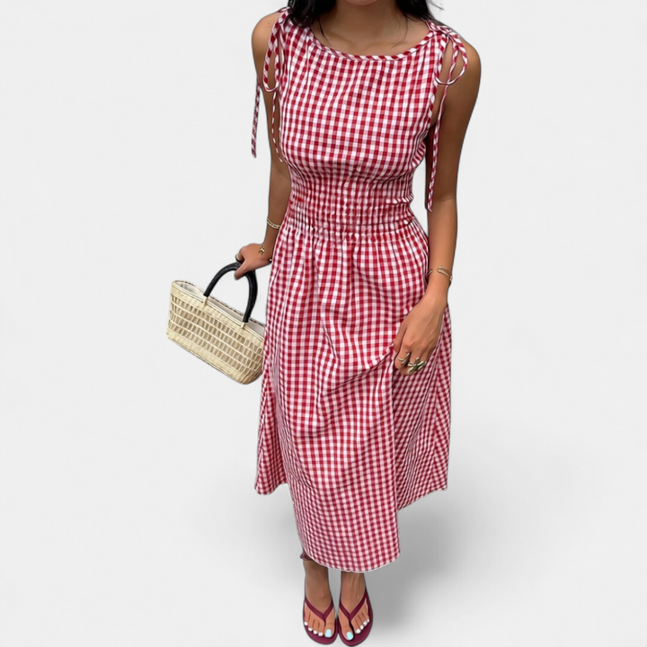 Women's Check Ruffle Midi Dress, Strappy Gingham Slit
