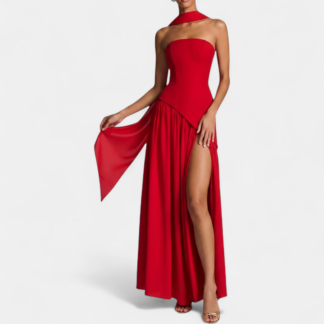 Women's Strapless Corset Maxi Dress, Pleated Back Zip