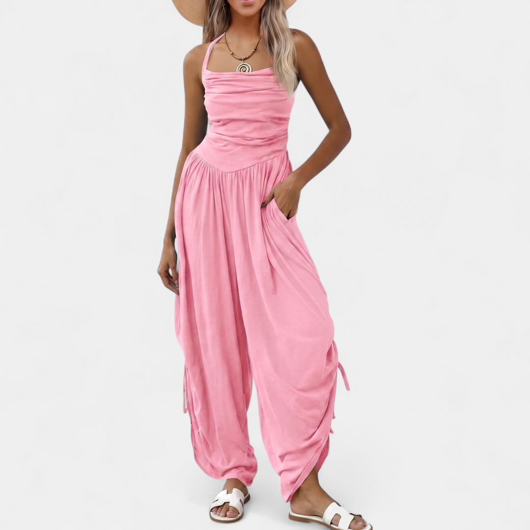 Women's Wide Leg Jumpsuit, Square Neck Ruched Side Pocket
