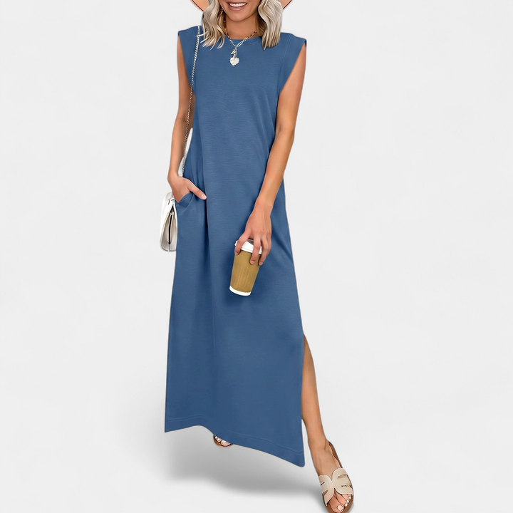 Women's Sleeveless Slit Maxi Dress, Crew Neck Side Pocket