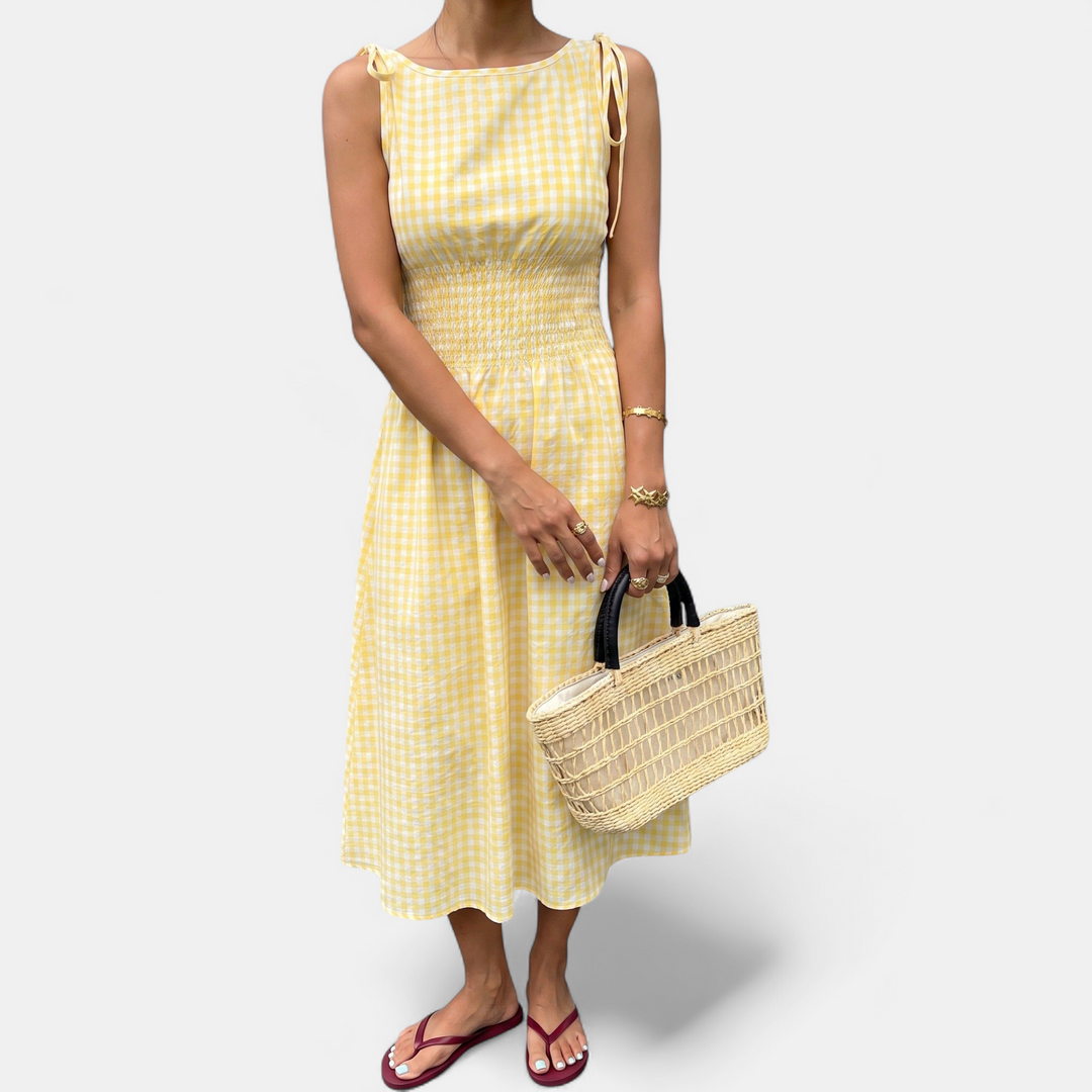 Women's Check Ruffle Midi Dress, Strappy Gingham Slit