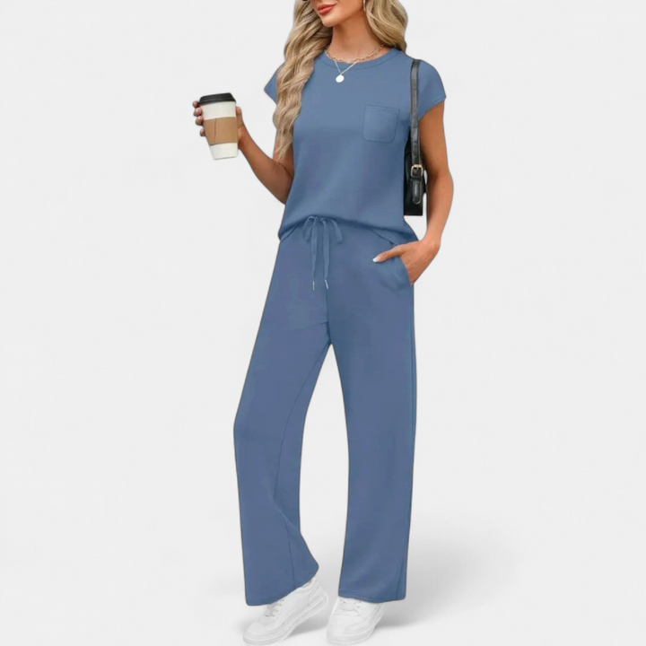 Women's Matching Tracksuit Set, Wide Leg Pants Cap Sleeve Co-Ord