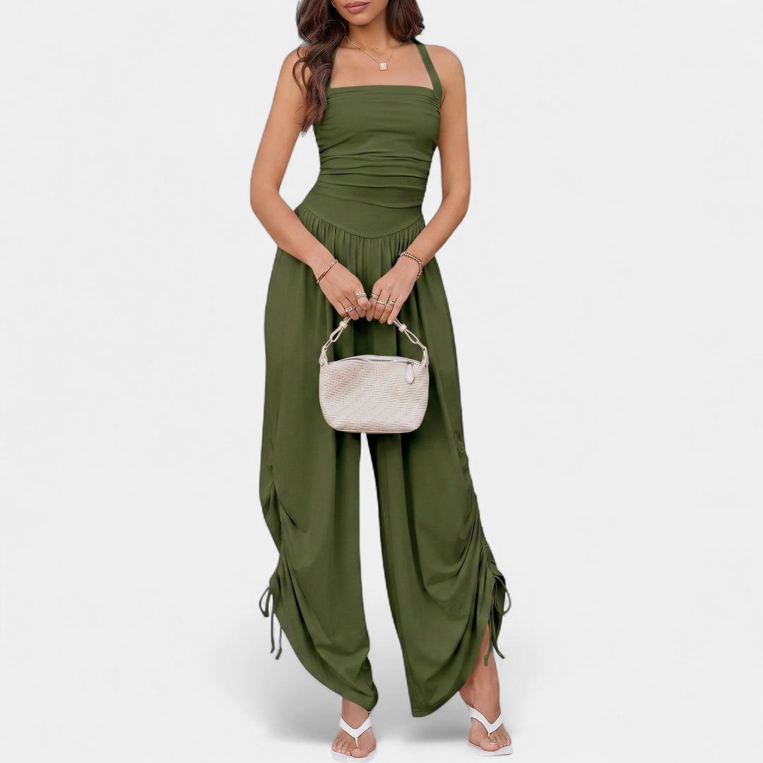 Women's Wide Leg Jumpsuit, Square Neck Ruched Side Pocket