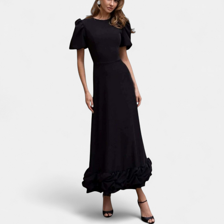 Women's Puff Sleeve Midi Dress, Round Neck Ruffle Hem Hourglass Fit