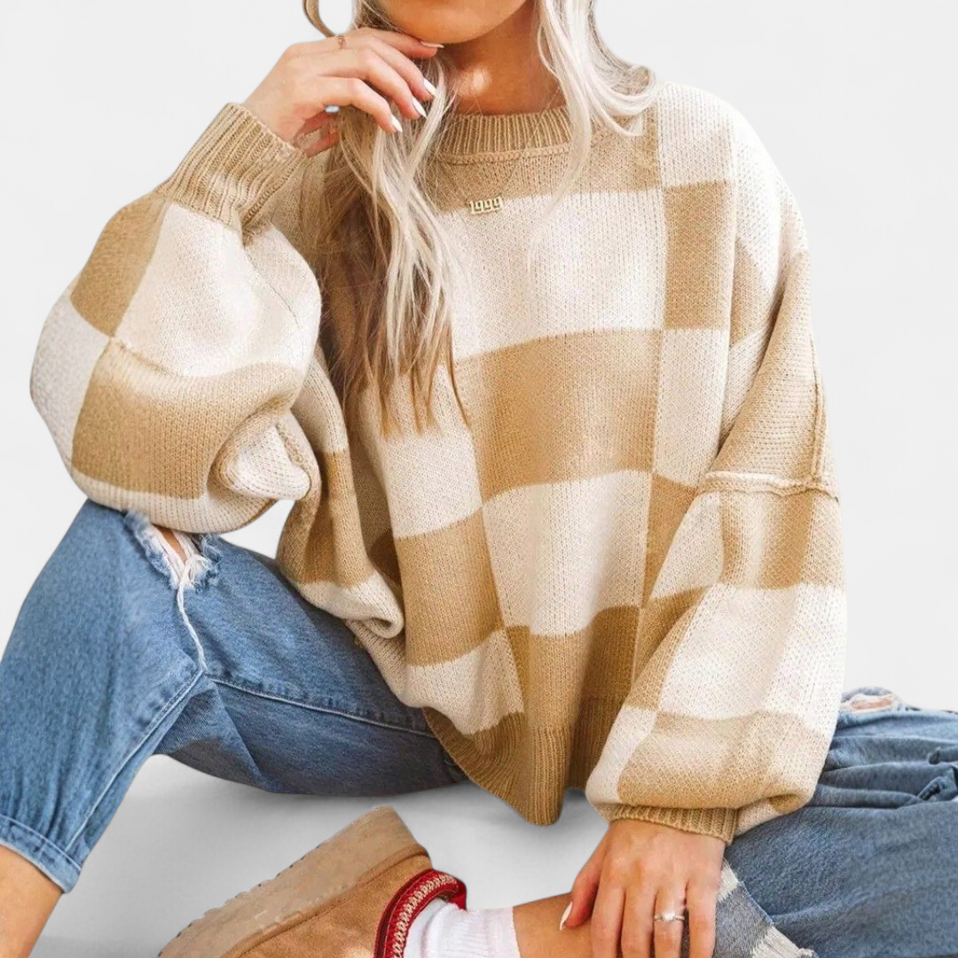 Women's Knitted Jumper, Jacquard Crew Neck Puff Sleeve
