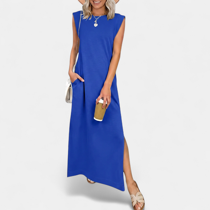 Women's Sleeveless Slit Maxi Dress, Crew Neck Side Pocket
