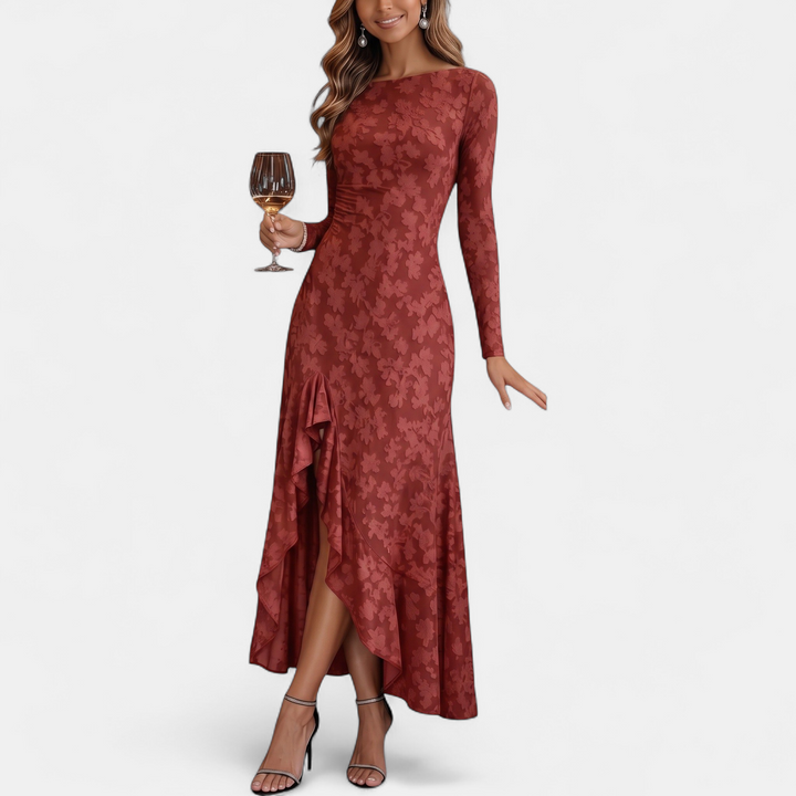 Women's Christmas Party Dress, Midi Ruched Floral Jacquard