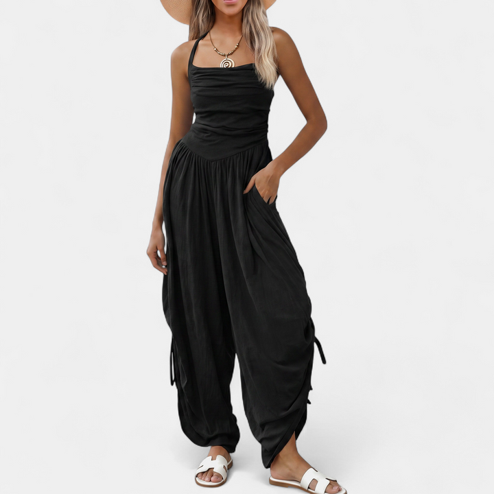 Women's Wide Leg Jumpsuit, Square Neck Ruched Side Pocket
