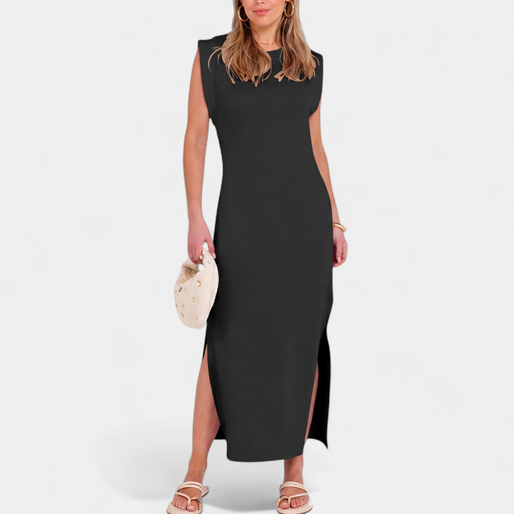 Women's Sleeveless Slit Maxi Dress, Crew Neck Side Pocket