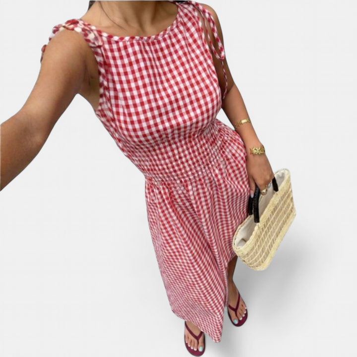 Women's Check Ruffle Midi Dress, Strappy Gingham Slit
