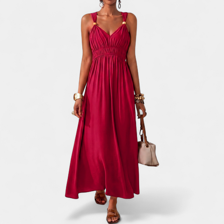 Women's Bead V Neck Maxi Dress, Sleeveless Ruched Wide Strap