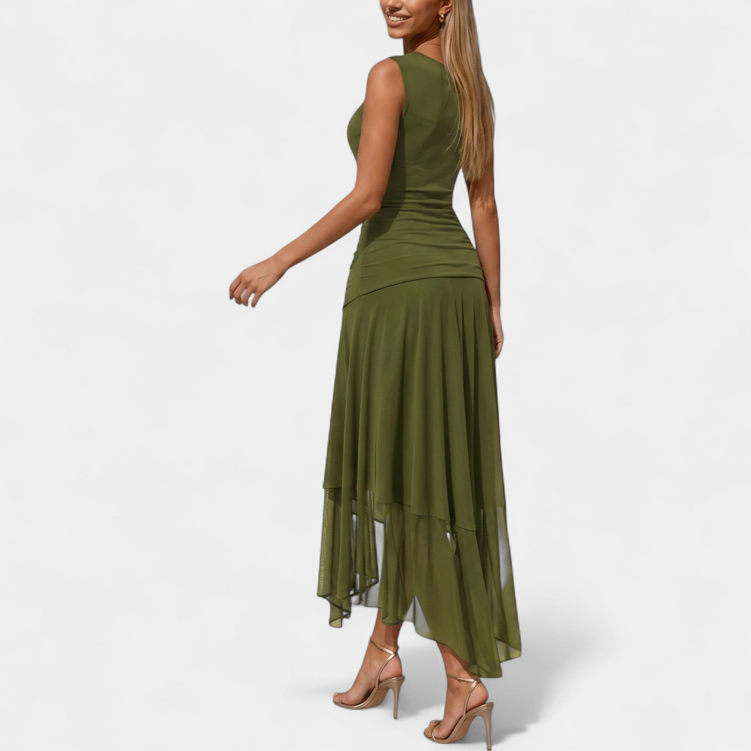 Women's Midi Cocktail Dress, Ruched Cowl Neck Sleeveless