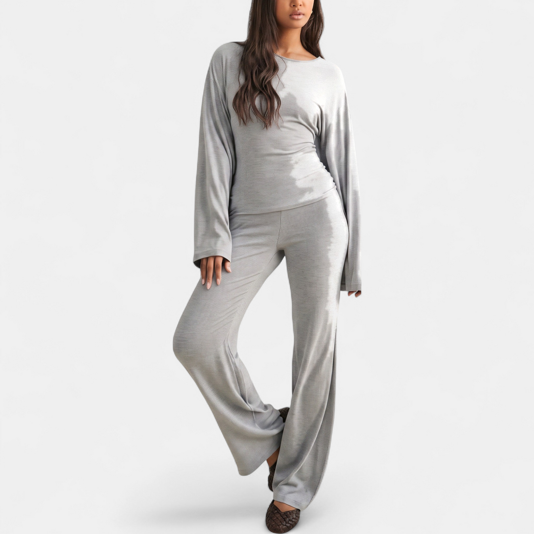 Women's Coord Set, Wide Leg High Neck Bell Sleeve Monochromatic