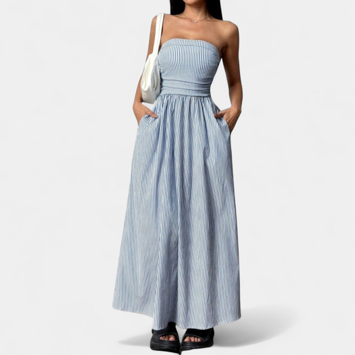 Women's Strapless Ruched Maxi Dress, Pinstripe Side Pocket A Line